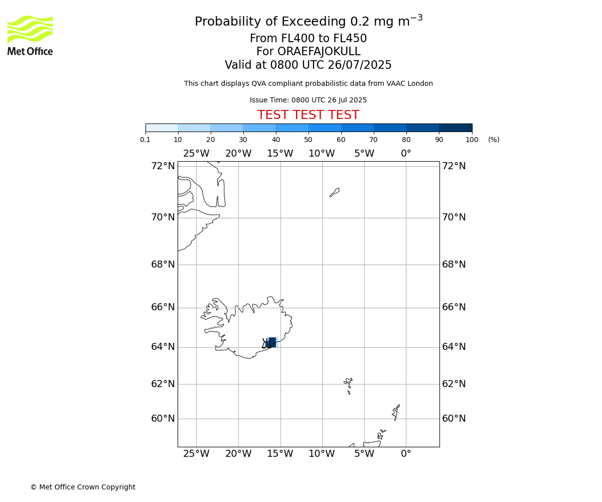 Probability of exceeding 0.2 milligrams per metre cubed. From 400 to 450 for ORAEFAJOKULL. Valid at 0800 UTC 26/07/2025