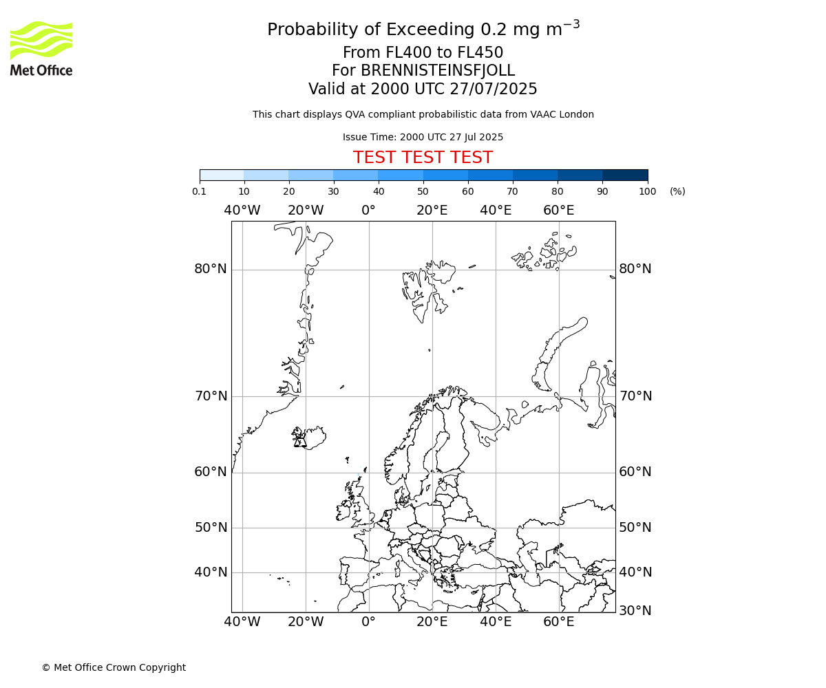 Probability of exceeding 0.2 milligrams per metre cubed. From 400 to 450 for BRENNISTEINSFJOLL. Valid at 2000 UTC 27/07/2025