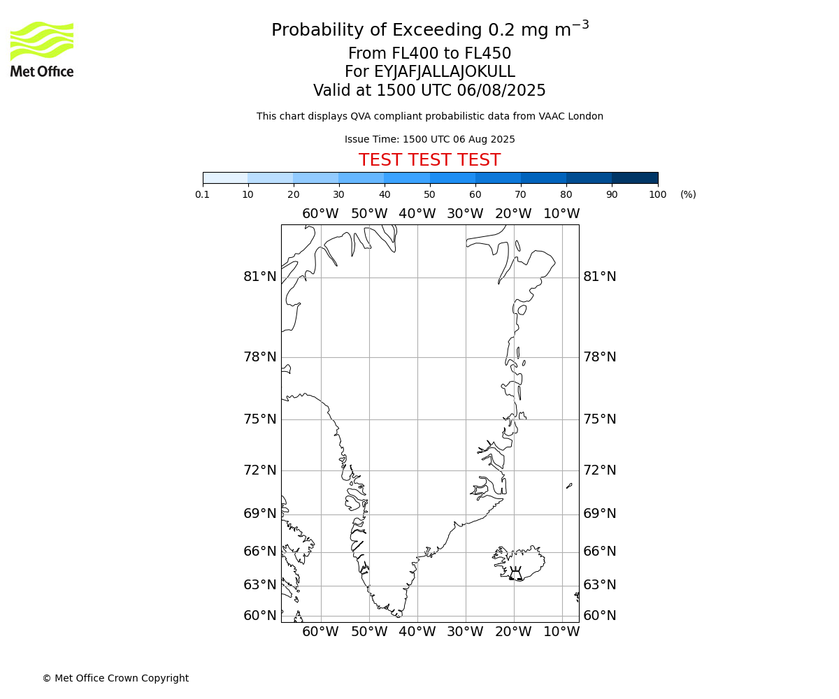 Probability of exceeding 0.2 milligrams per metre cubed. From 400 to 450 for EYJAFJALLAJOKULL. Valid at 1500 UTC 06/08/2025