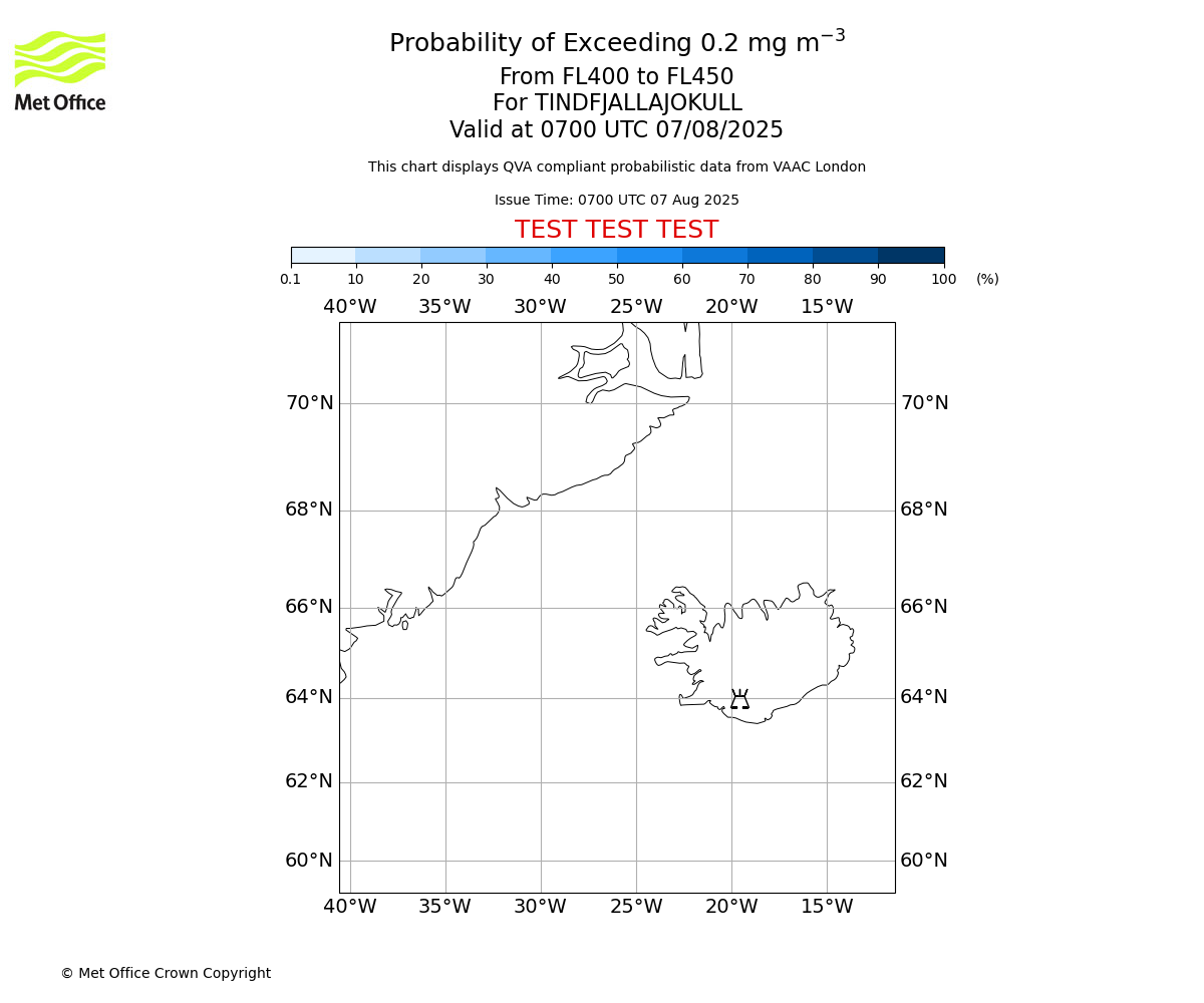 Probability of exceeding 0.2 milligrams per metre cubed. From 400 to 450 for TINDFJALLAJOKULL. Valid at 0700 UTC 07/08/2025