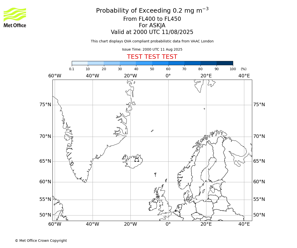 Probability of exceeding 0.2 milligrams per metre cubed. From 400 to 450 for ASKJA. Valid at 2000 UTC 11/08/2025