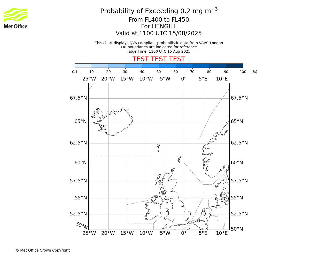 Probability of exceeding 0.2 milligrams per metre cubed. From 400 to 450 for HENGILL. Valid at 1100 UTC 15/08/2025