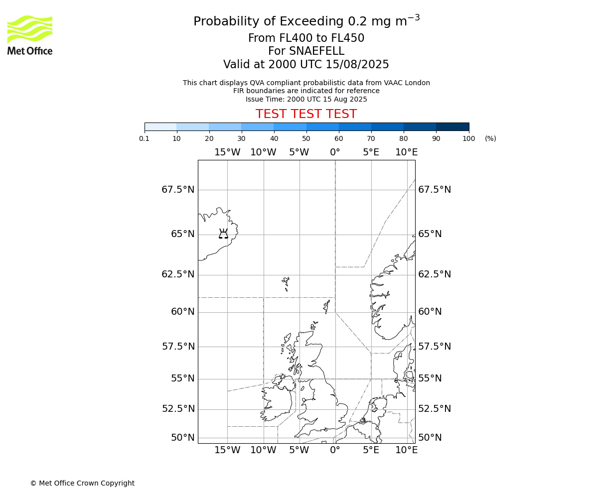 Probability of exceeding 0.2 milligrams per metre cubed. From 400 to 450 for SNAEFELL. Valid at 2000 UTC 15/08/2025