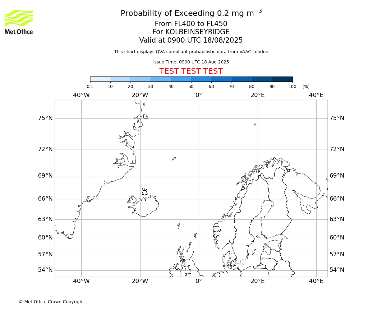 Probability of exceeding 0.2 milligrams per metre cubed. From 400 to 450 for KOLBEINSEYRIDGE. Valid at 0900 UTC 18/08/2025