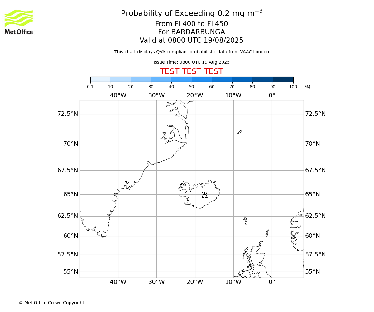 Probability of exceeding 0.2 milligrams per metre cubed. From 400 to 450 for BARDARBUNGA. Valid at 0800 UTC 19/08/2025