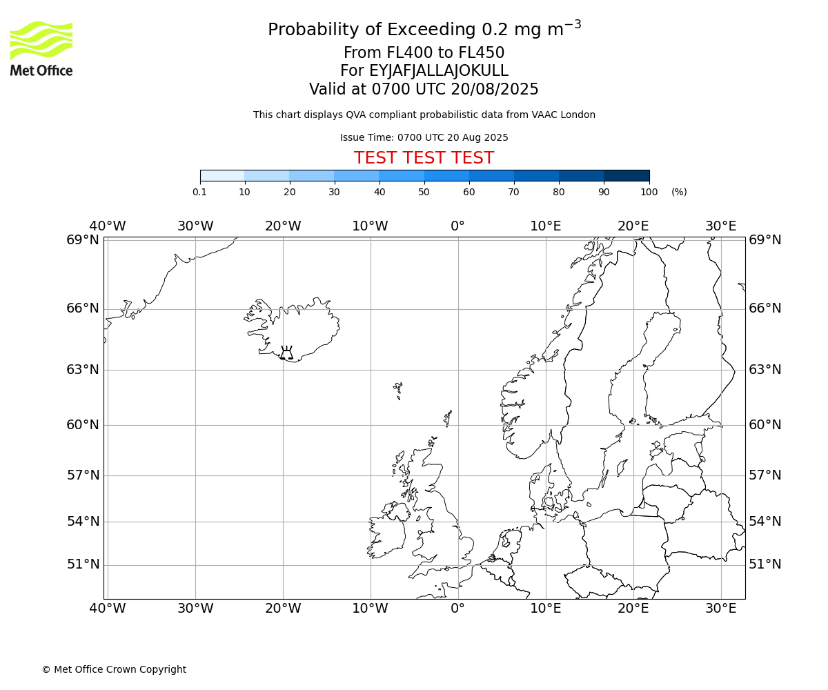 Probability of exceeding 0.2 milligrams per metre cubed. From 400 to 450 for EYJAFJALLAJOKULL. Valid at 0700 UTC 20/08/2025