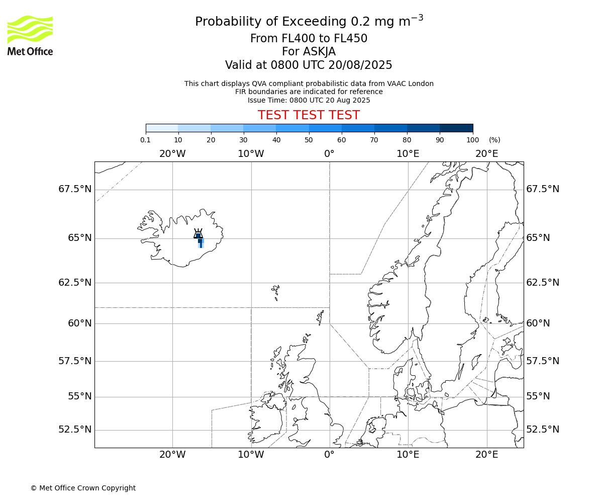 Probability of exceeding 0.2 milligrams per metre cubed. From 400 to 450 for ASKJA. Valid at 0800 UTC 20/08/2025