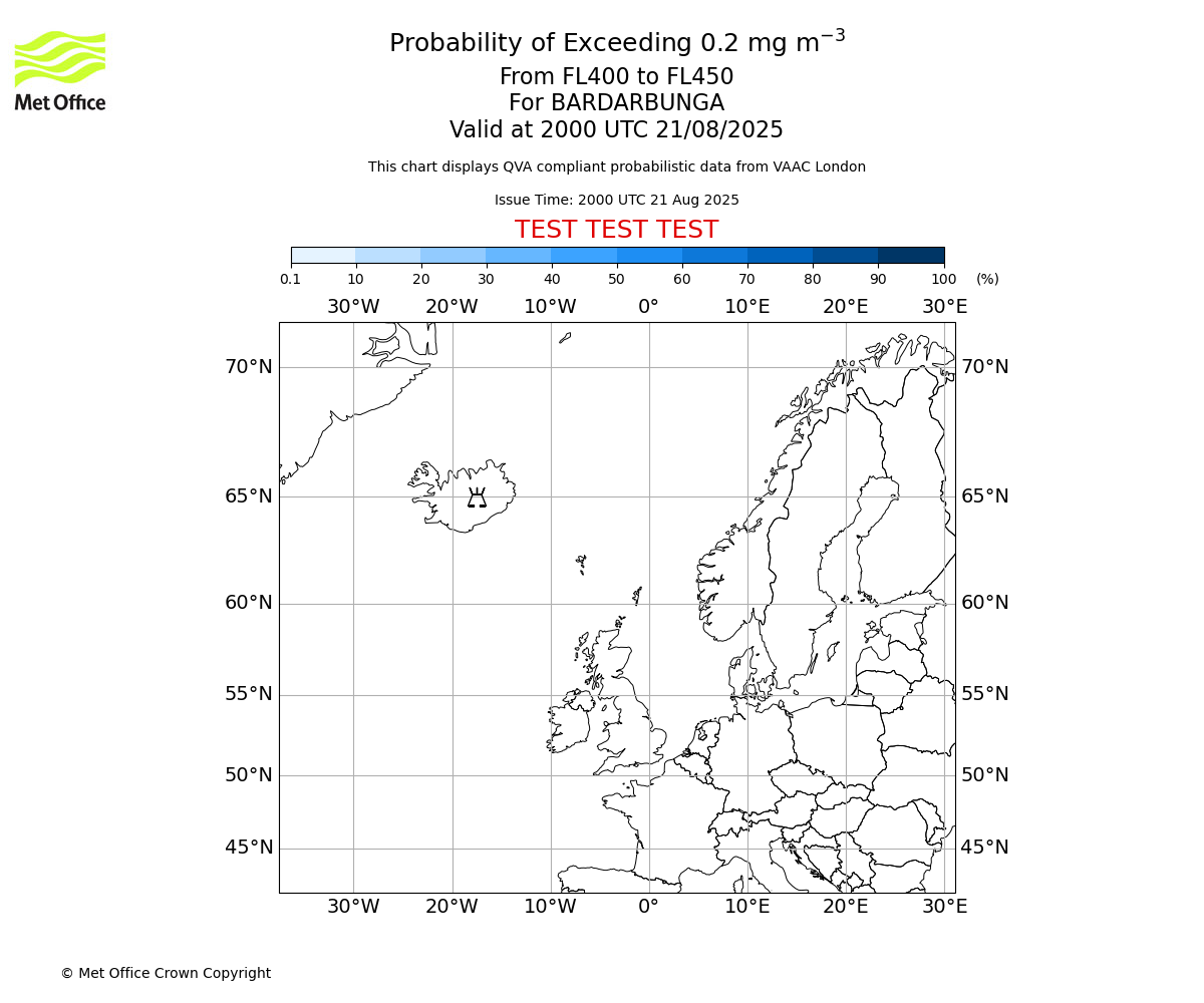 Probability of exceeding 0.2 milligrams per metre cubed. From 400 to 450 for BARDARBUNGA. Valid at 2000 UTC 21/08/2025