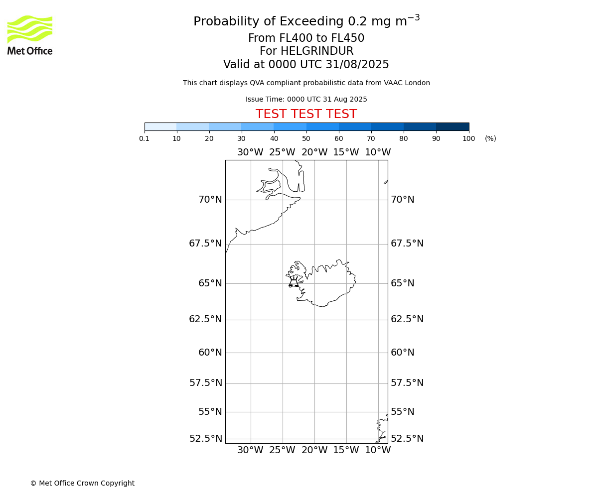 Probability of exceeding 0.2 milligrams per metre cubed. From 400 to 450 for HELGRINDUR. Valid at 0000 UTC 31/08/2025