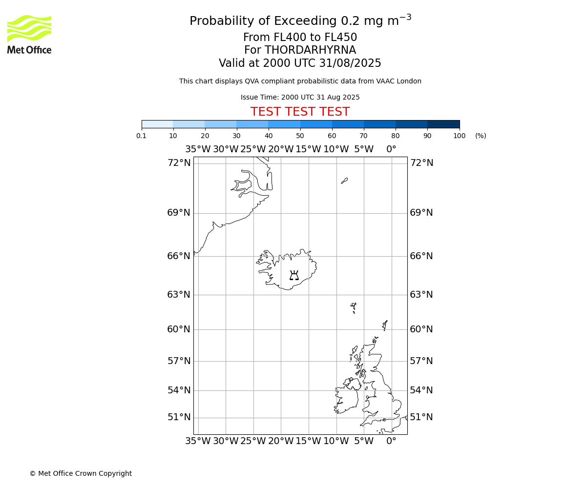 Probability of exceeding 0.2 milligrams per metre cubed. From 400 to 450 for THORDARHYRNA. Valid at 2000 UTC 31/08/2025