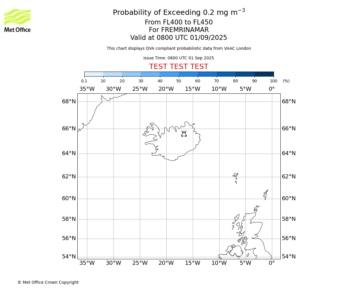Probability of exceeding 0.2 milligrams per metre cubed. From 400 to 450 for FREMRINAMAR. Valid at 0800 UTC 01/09/2025