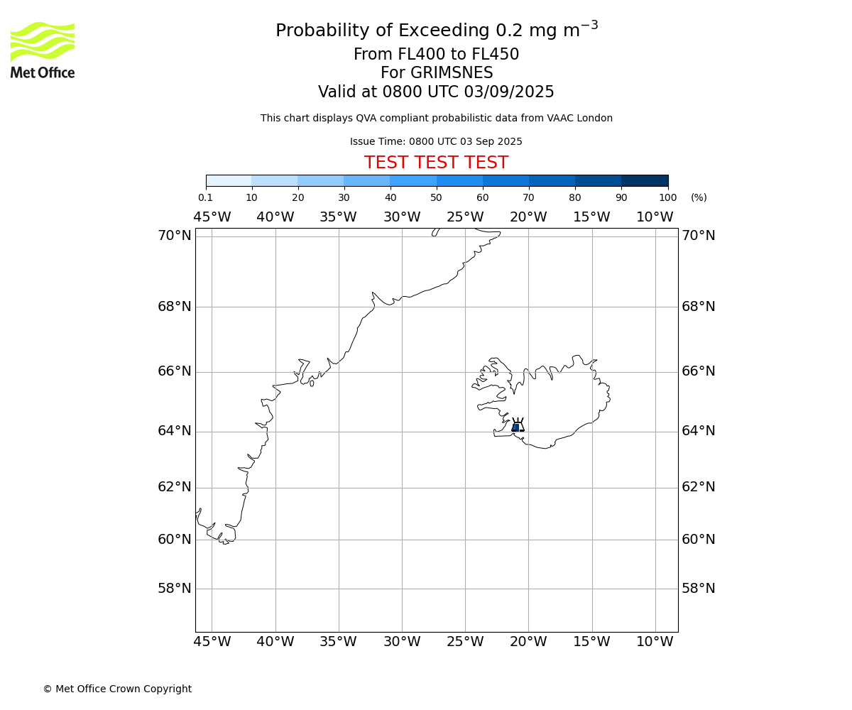 Probability of exceeding 0.2 milligrams per metre cubed. From 400 to 450 for GRIMSNES. Valid at 0800 UTC 03/09/2025