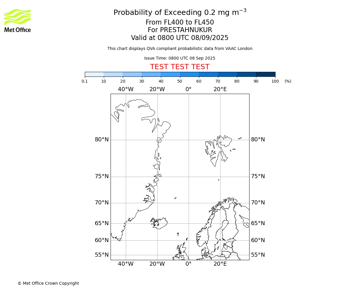 Probability of exceeding 0.2 milligrams per metre cubed. From 400 to 450 for PRESTAHNUKUR. Valid at 0800 UTC 08/09/2025