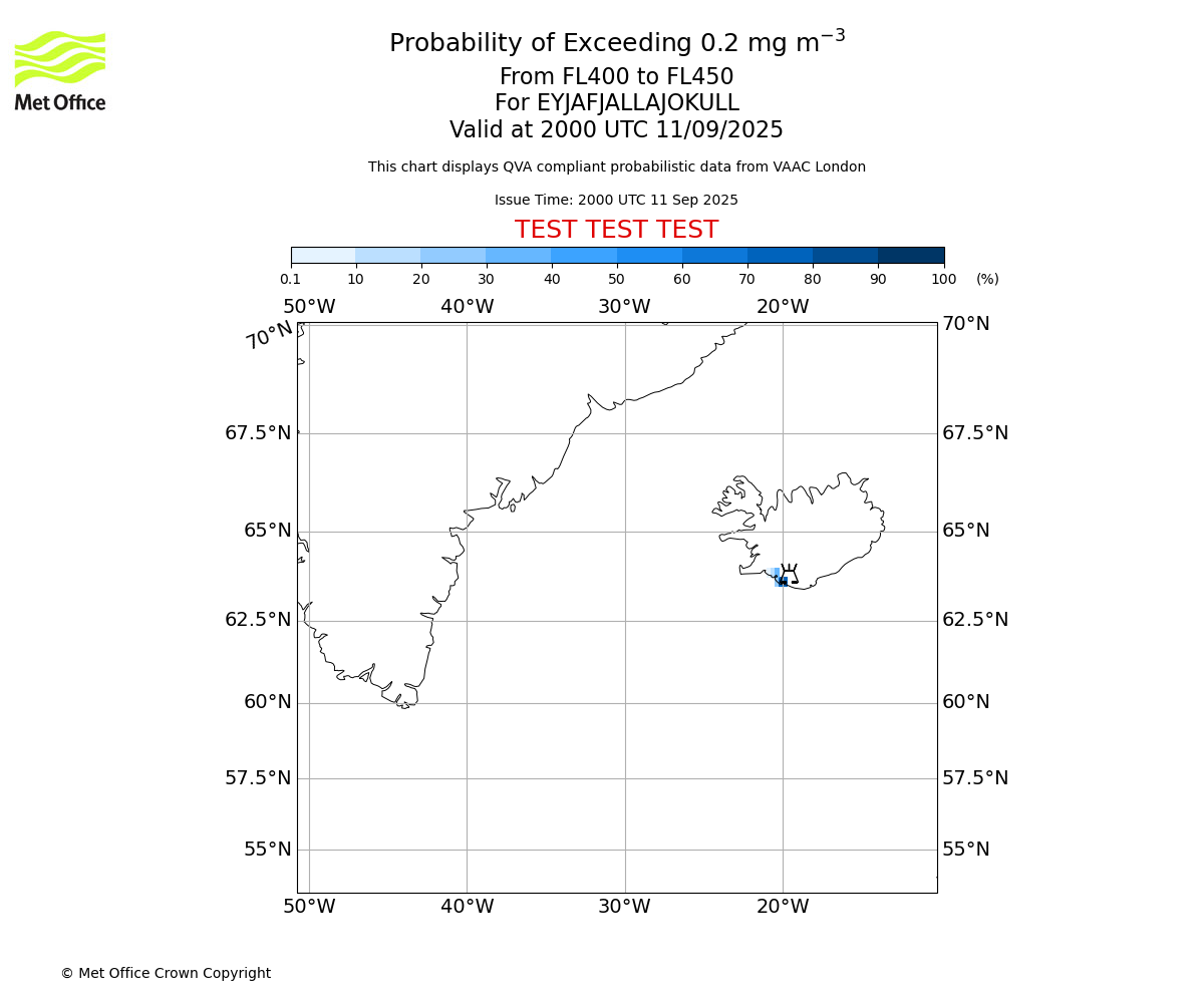 Probability of exceeding 0.2 milligrams per metre cubed. From 400 to 450 for EYJAFJALLAJOKULL. Valid at 2000 UTC 11/09/2025