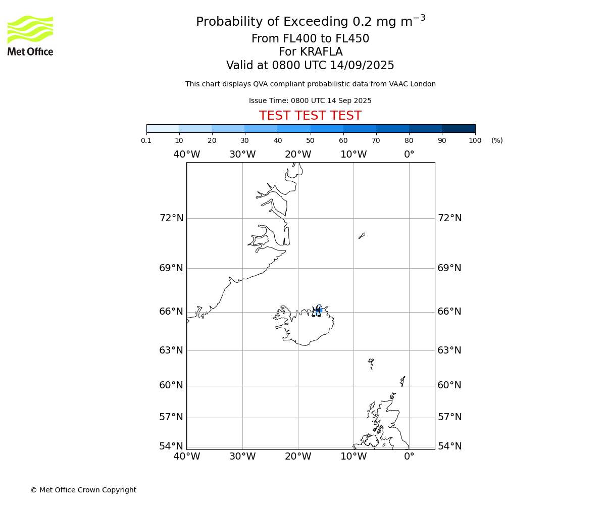Probability of exceeding 0.2 milligrams per metre cubed. From 400 to 450 for KRAFLA. Valid at 0800 UTC 14/09/2025