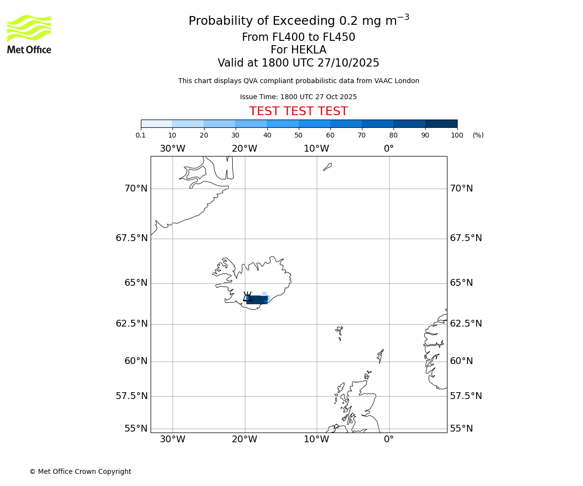 Probability of exceeding 0.2 milligrams per metre cubed. From 400 to 450 for HEKLA. Valid at 1800 UTC 27/10/2025