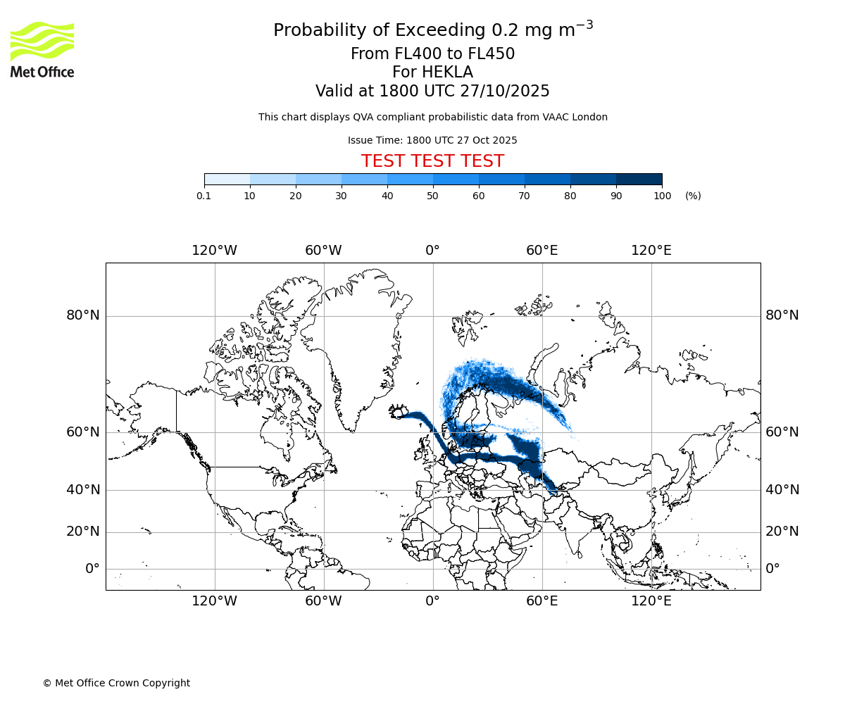 Probability of exceeding 0.2 milligrams per metre cubed. From 400 to 450 for HEKLA. Valid at 1800 UTC 27/10/2025