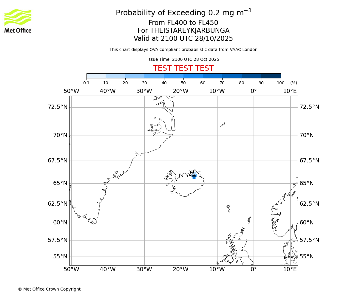 Probability of exceeding 0.2 milligrams per metre cubed. From 400 to 450 for THEISTAREYKJARBUNGA. Valid at 2100 UTC 28/10/2025