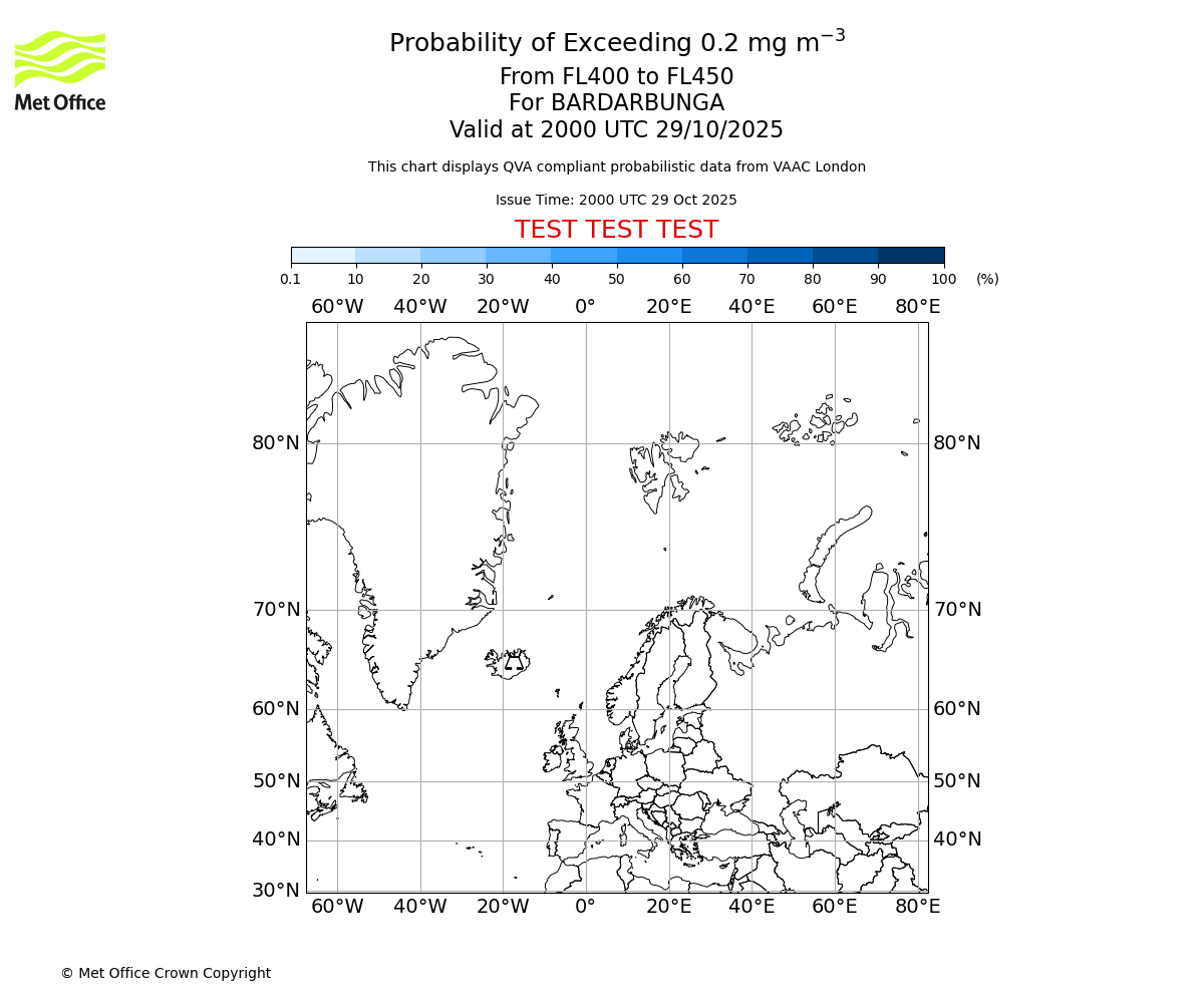 Probability of exceeding 0.2 milligrams per metre cubed. From 400 to 450 for BARDARBUNGA. Valid at 2000 UTC 29/10/2025