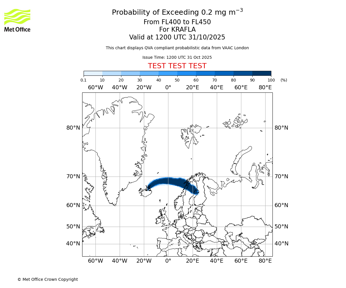 Probability of exceeding 0.2 milligrams per metre cubed. From 400 to 450 for KRAFLA. Valid at 1200 UTC 31/10/2025