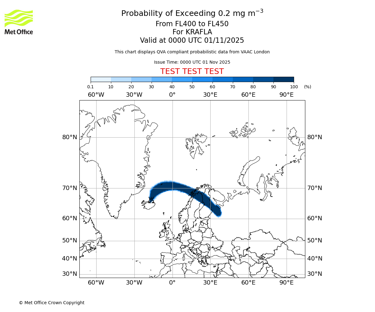 Probability of exceeding 0.2 milligrams per metre cubed. From 400 to 450 for KRAFLA. Valid at 0000 UTC 01/11/2025