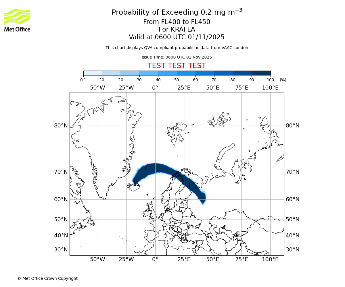 Probability of exceeding 0.2 milligrams per metre cubed. From 400 to 450 for KRAFLA. Valid at 0600 UTC 01/11/2025