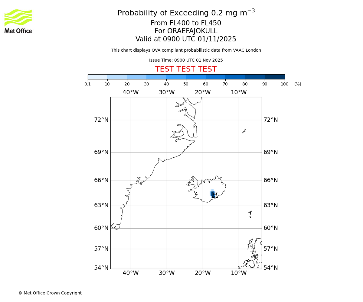 Probability of exceeding 0.2 milligrams per metre cubed. From 400 to 450 for ORAEFAJOKULL. Valid at 0900 UTC 01/11/2025