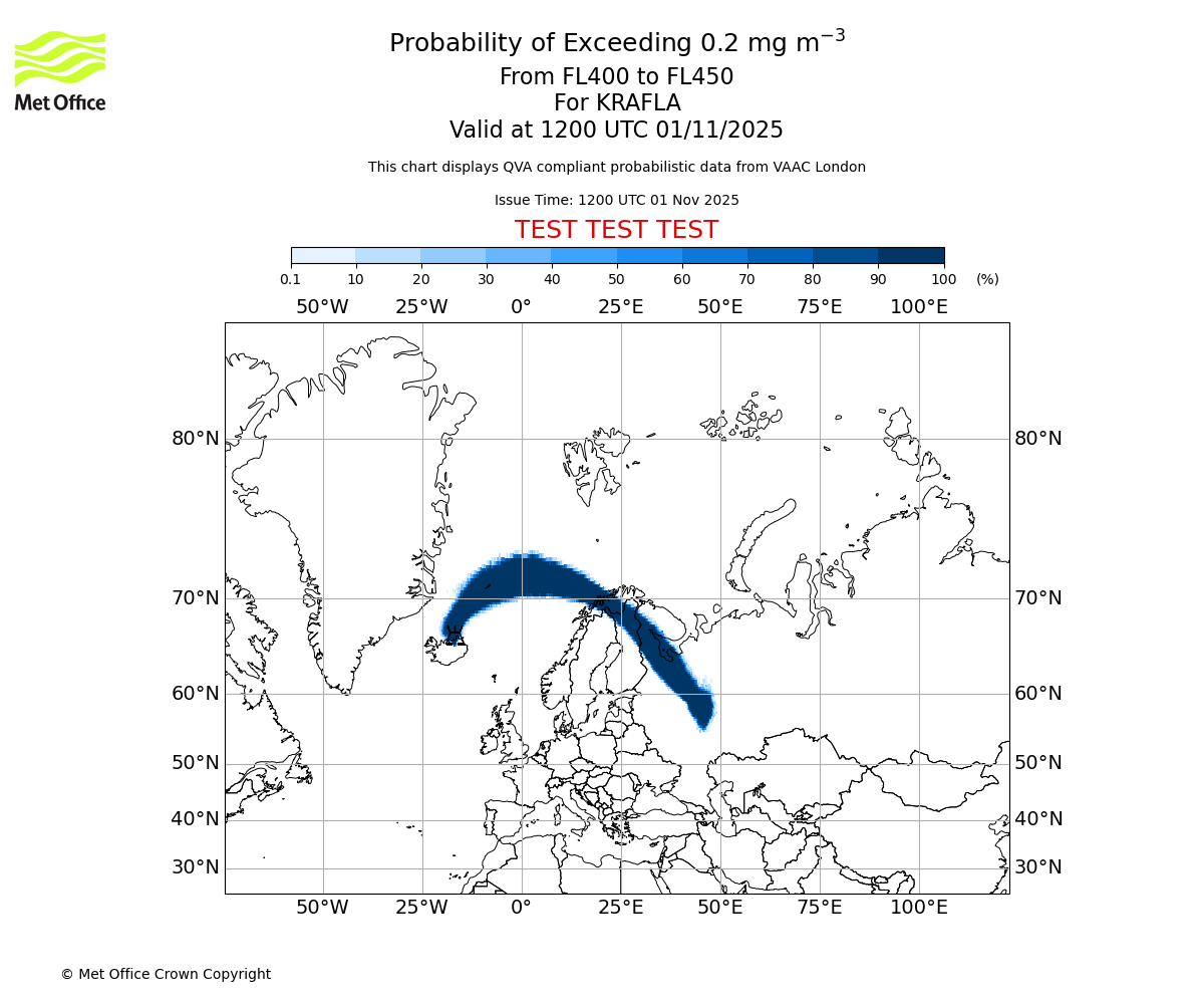 Probability of exceeding 0.2 milligrams per metre cubed. From 400 to 450 for KRAFLA. Valid at 1200 UTC 01/11/2025