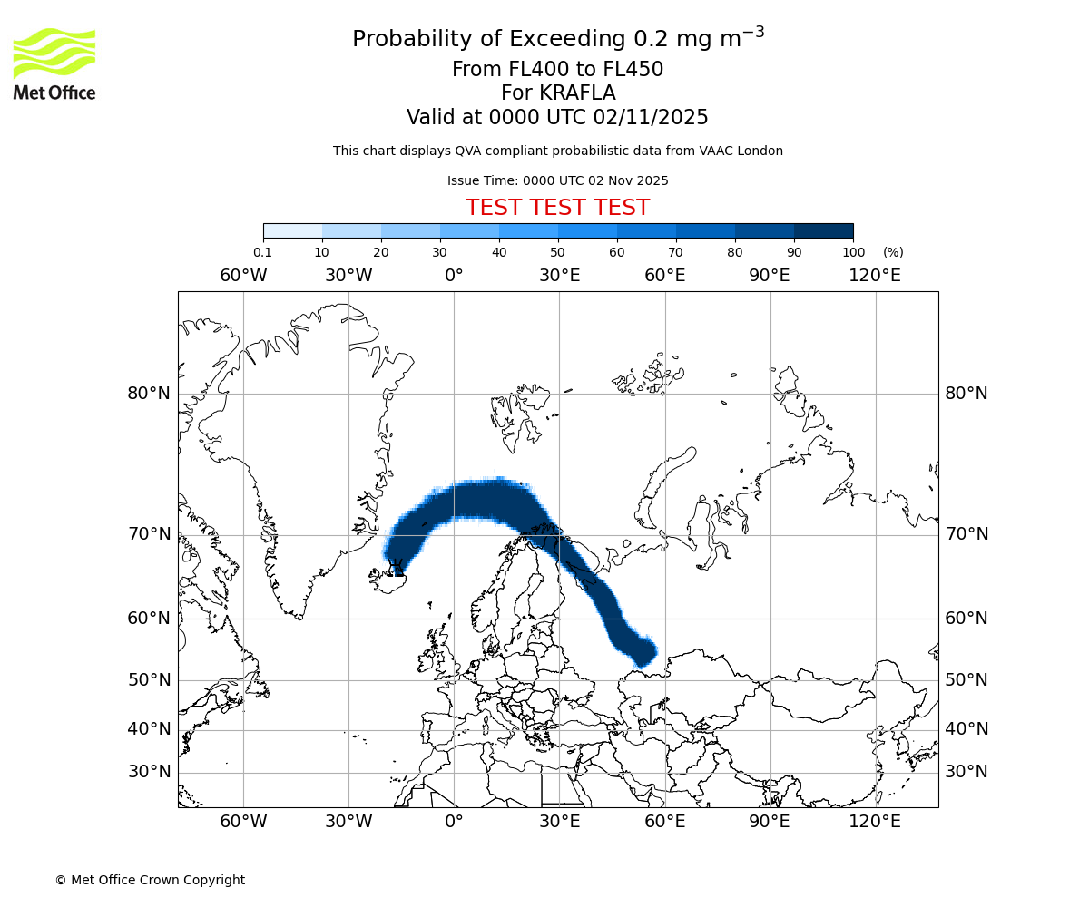 Probability of exceeding 0.2 milligrams per metre cubed. From 400 to 450 for KRAFLA. Valid at 0000 UTC 02/11/2025