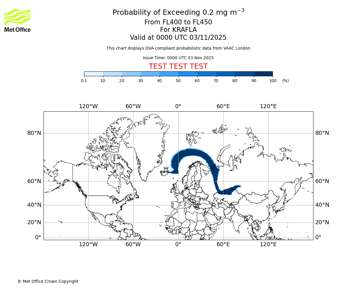 Probability of exceeding 0.2 milligrams per metre cubed. From 400 to 450 for KRAFLA. Valid at 0000 UTC 03/11/2025