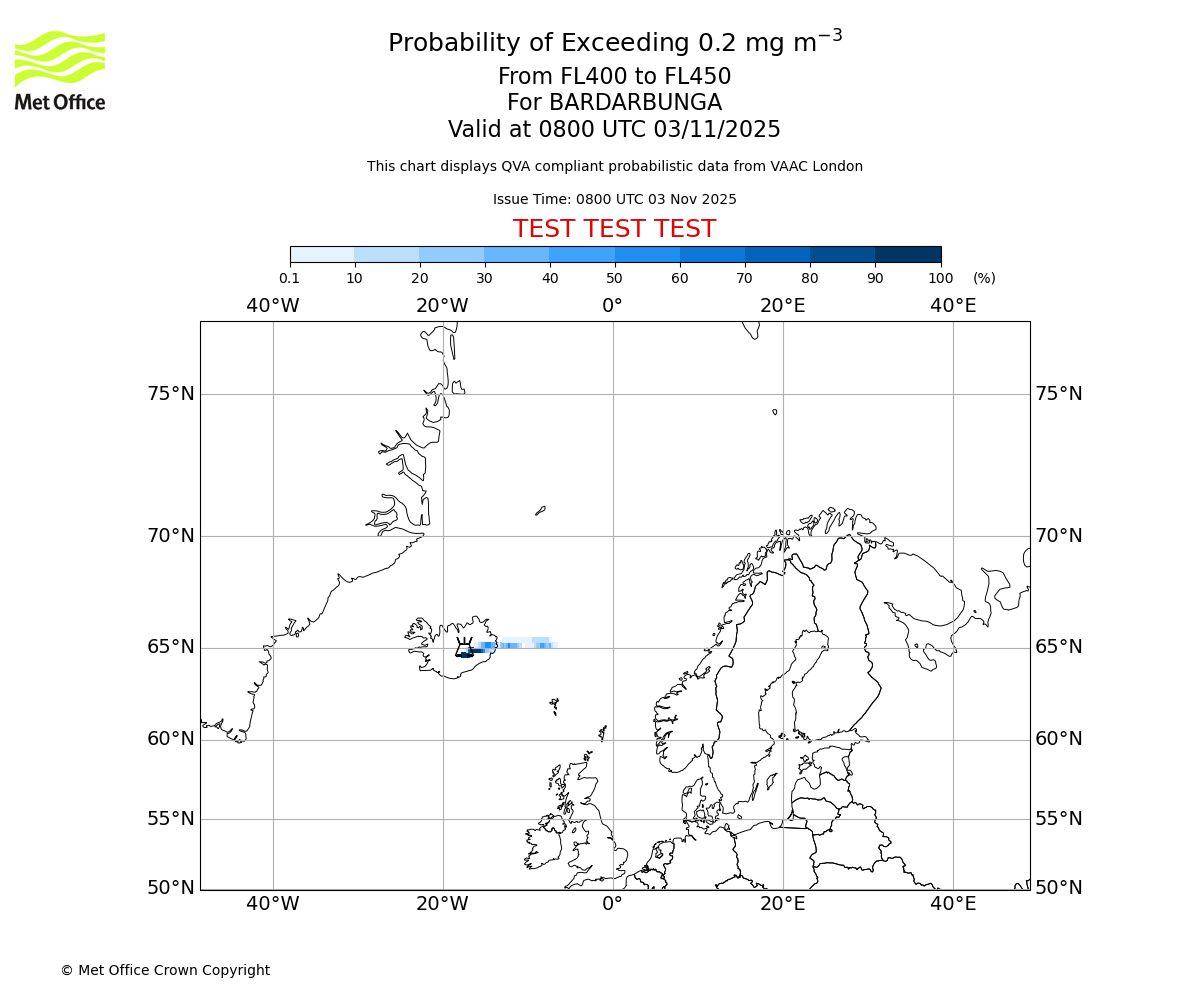 Probability of exceeding 0.2 milligrams per metre cubed. From 400 to 450 for BARDARBUNGA. Valid at 0800 UTC 03/11/2025