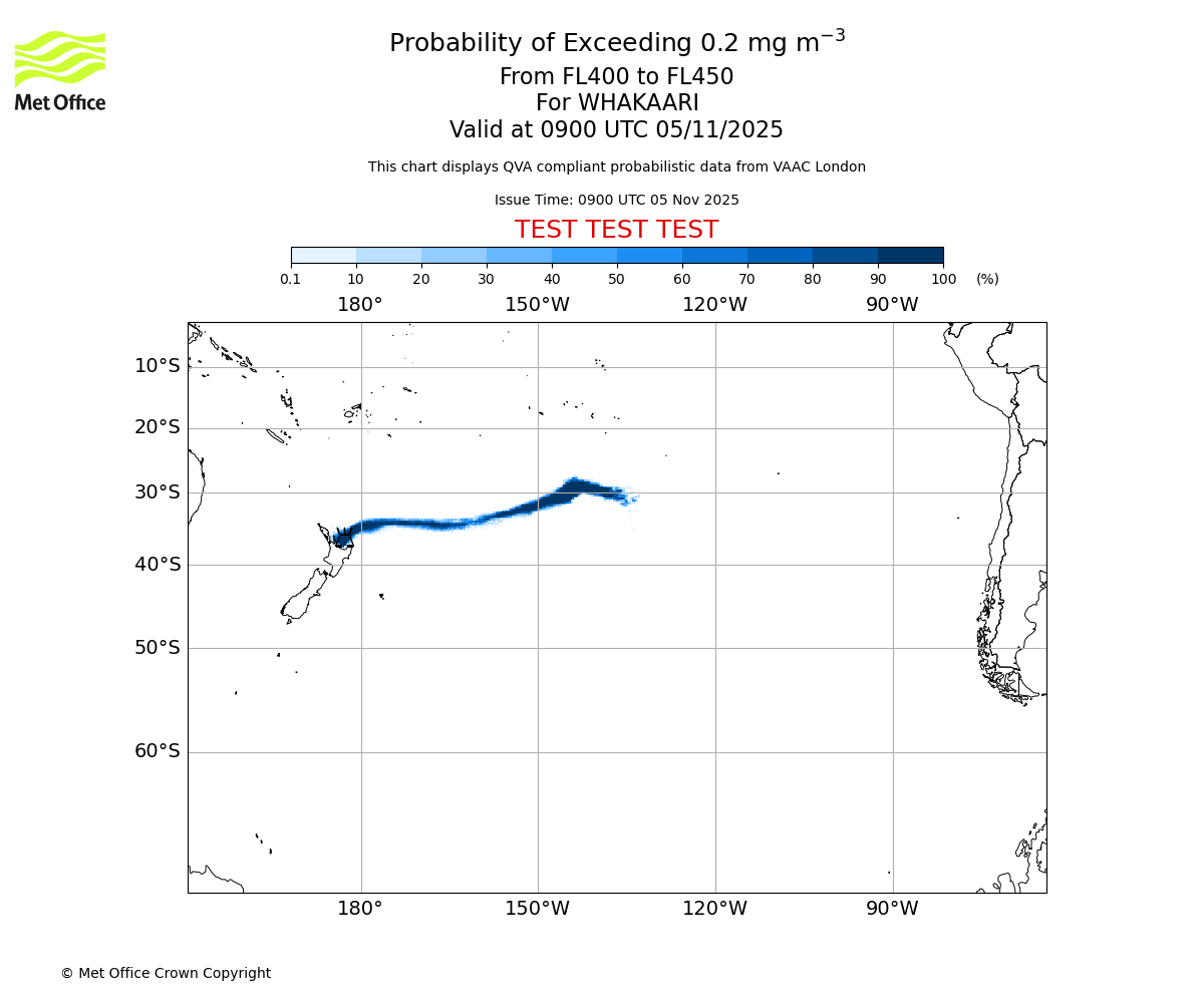 Probability of exceeding 0.2 milligrams per metre cubed. From 400 to 450 for WHAKAARI. Valid at 0900 UTC 05/11/2025