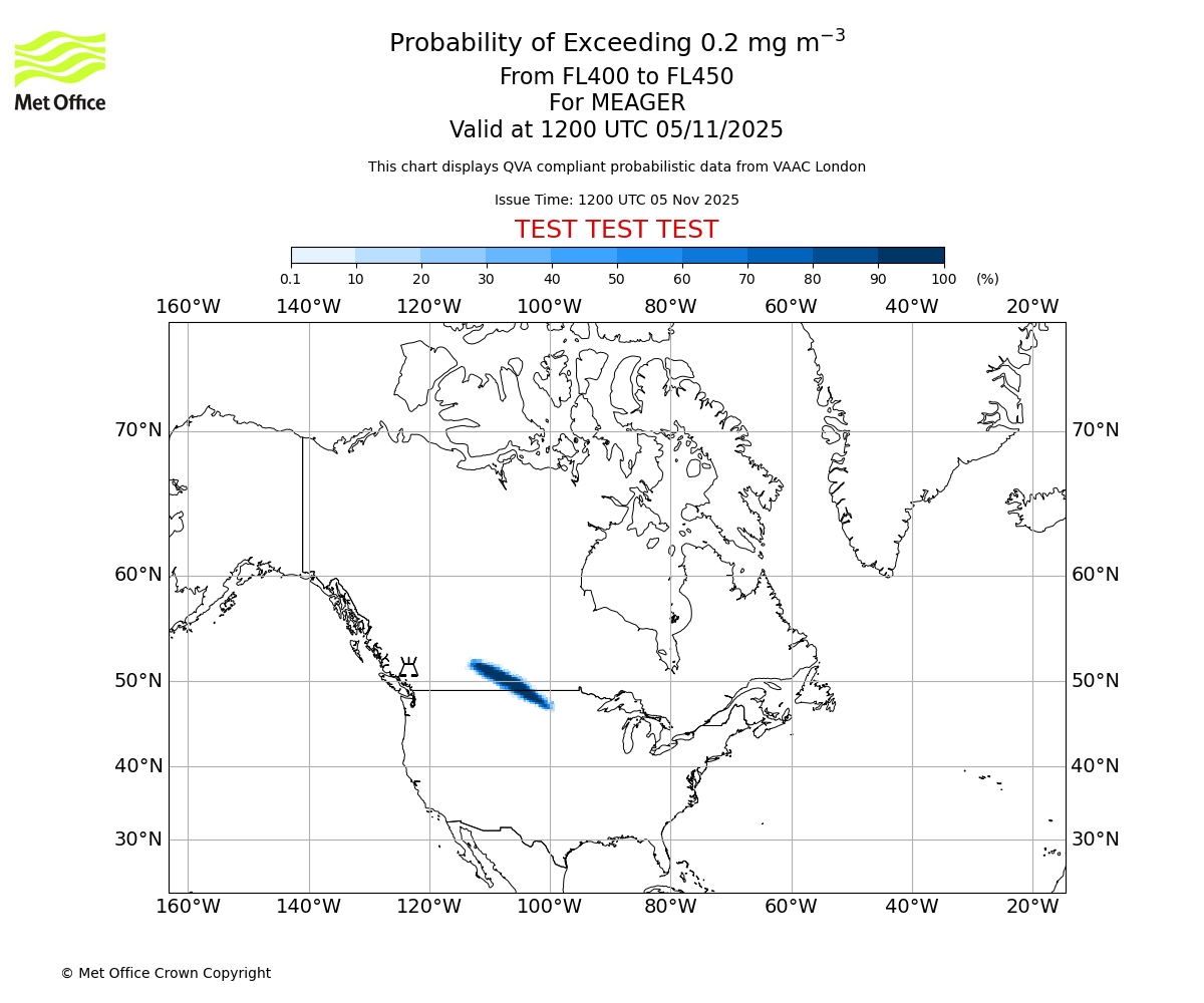 Probability of exceeding 0.2 milligrams per metre cubed. From 400 to 450 for MEAGER. Valid at 1200 UTC 05/11/2025