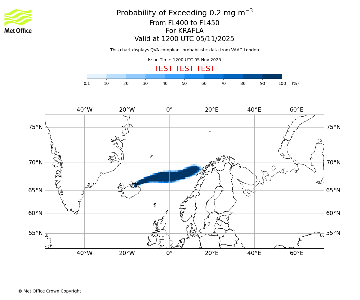 Probability of exceeding 0.2 milligrams per metre cubed. From 400 to 450 for KRAFLA. Valid at 1200 UTC 05/11/2025