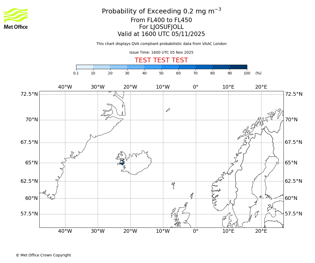 Probability of exceeding 0.2 milligrams per metre cubed. From 400 to 450 for LJOSUFJOLL. Valid at 1600 UTC 05/11/2025