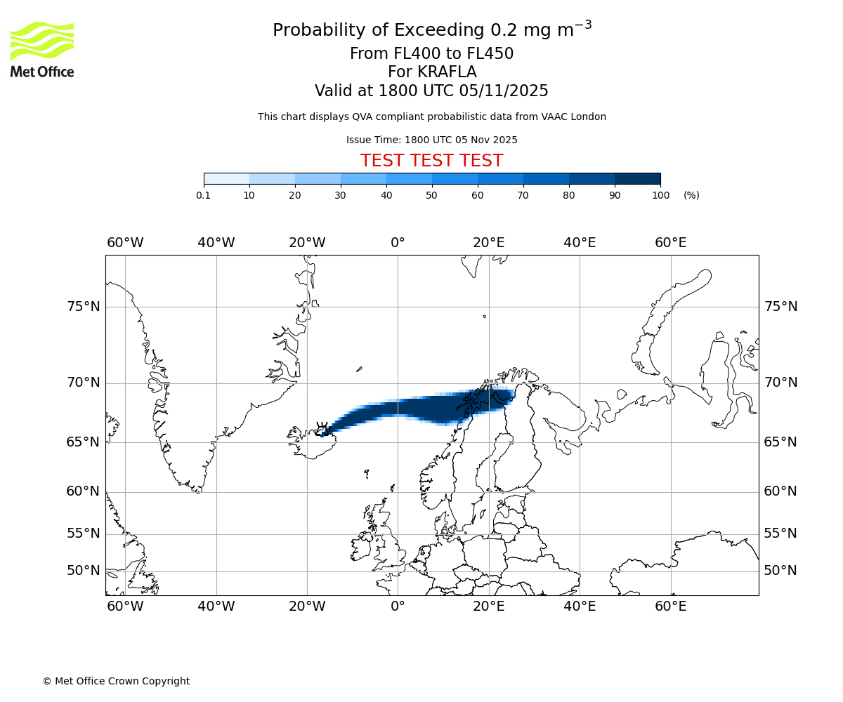 Probability of exceeding 0.2 milligrams per metre cubed. From 400 to 450 for KRAFLA. Valid at 1800 UTC 05/11/2025