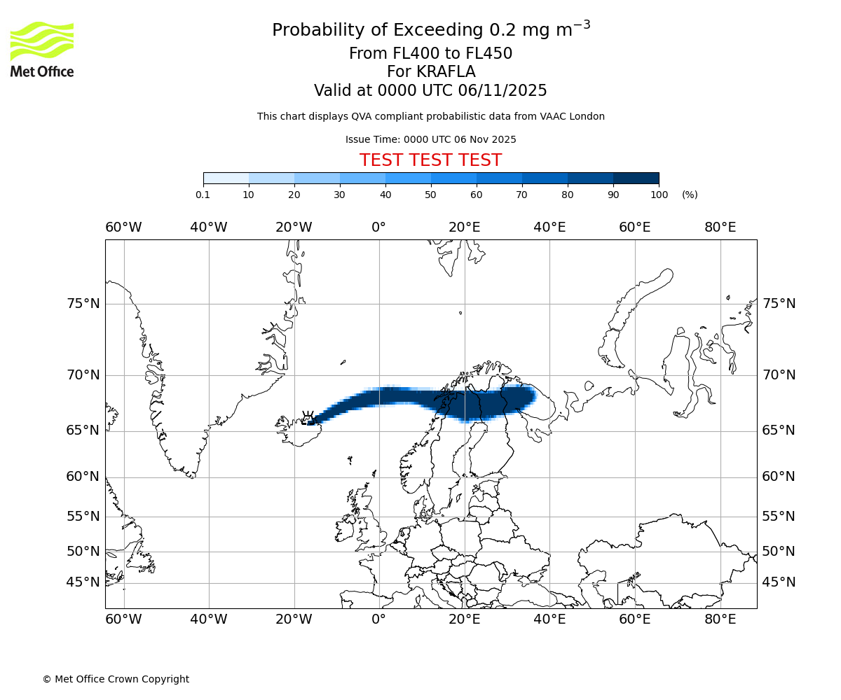 Probability of exceeding 0.2 milligrams per metre cubed. From 400 to 450 for KRAFLA. Valid at 0000 UTC 06/11/2025
