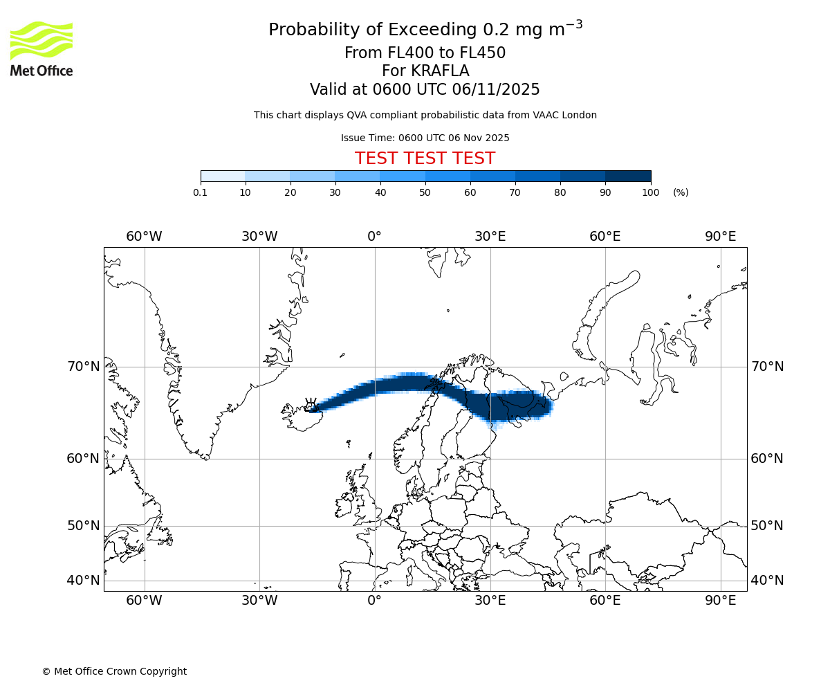 Probability of exceeding 0.2 milligrams per metre cubed. From 400 to 450 for KRAFLA. Valid at 0600 UTC 06/11/2025