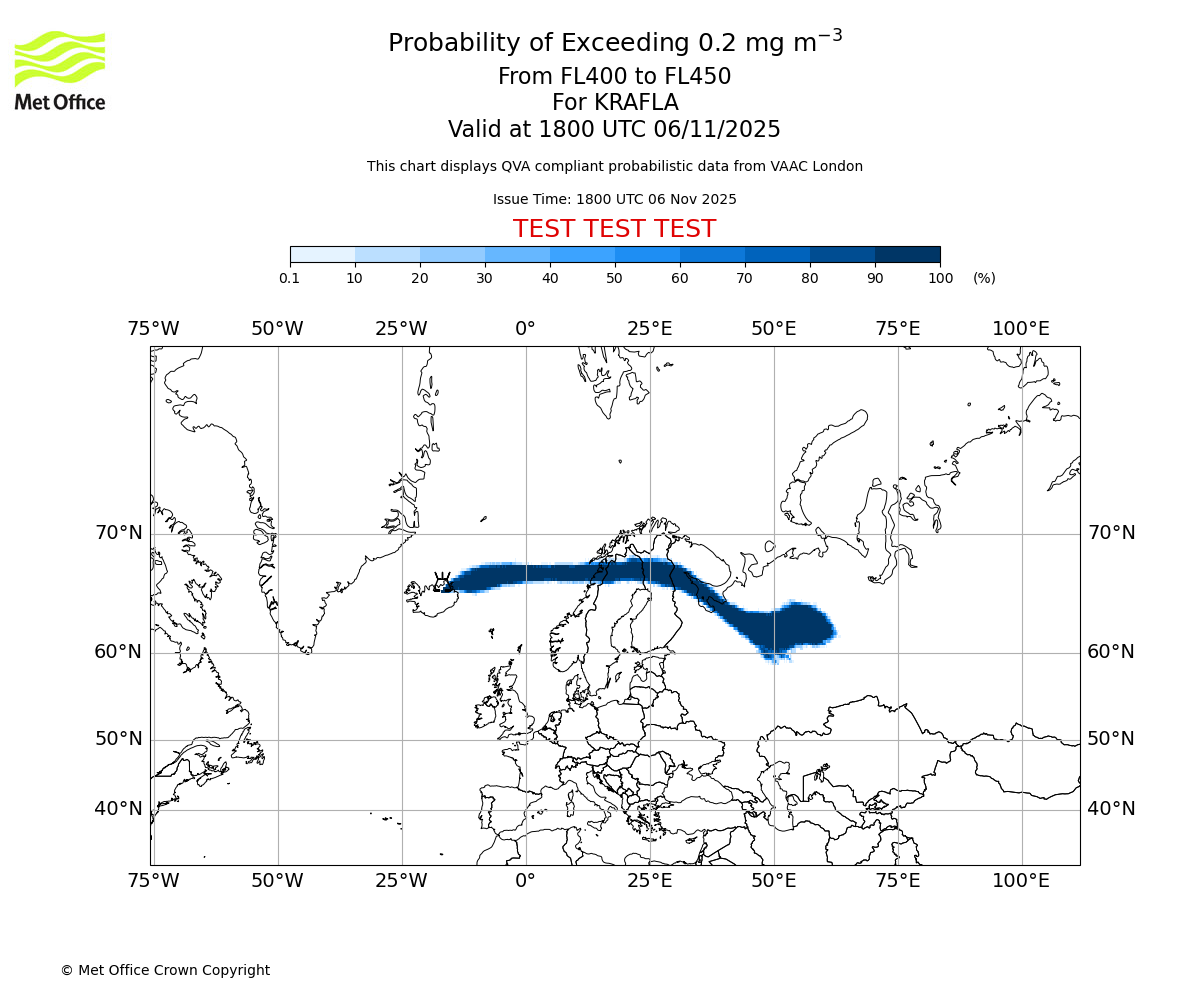 Probability of exceeding 0.2 milligrams per metre cubed. From 400 to 450 for KRAFLA. Valid at 1800 UTC 06/11/2025