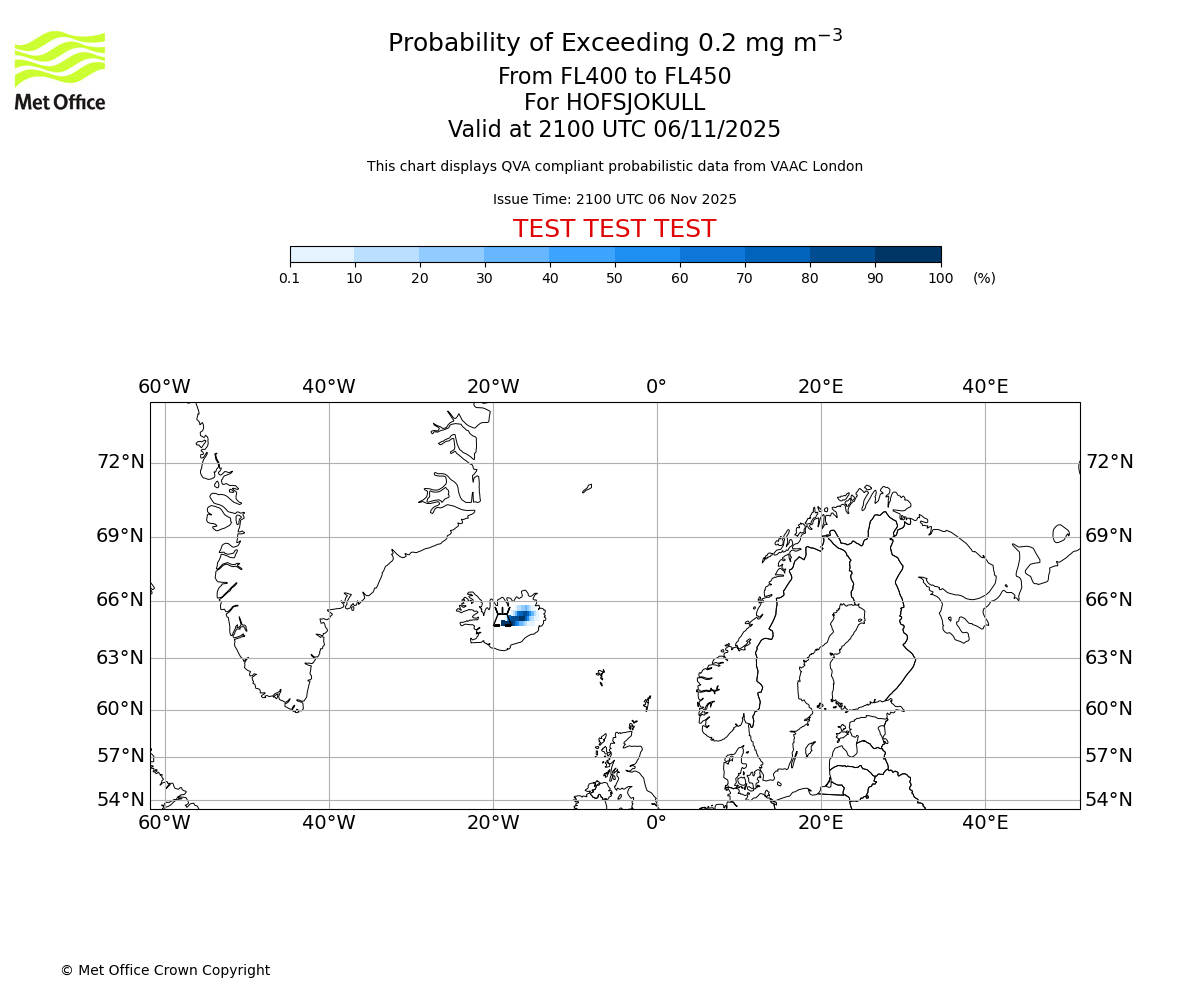 Probability of exceeding 0.2 milligrams per metre cubed. From 400 to 450 for HOFSJOKULL. Valid at 2100 UTC 06/11/2025