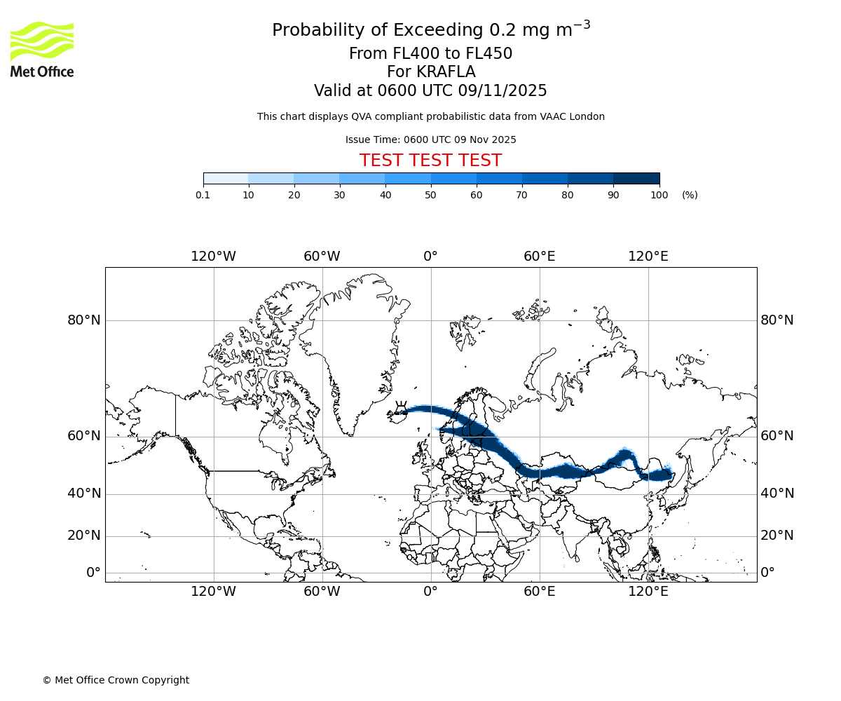 Probability of exceeding 0.2 milligrams per metre cubed. From 400 to 450 for KRAFLA. Valid at 0600 UTC 09/11/2025