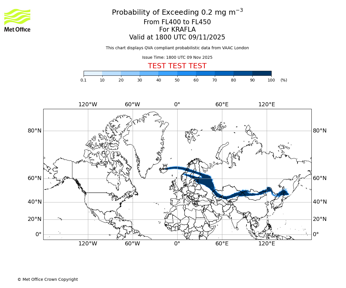 Probability of exceeding 0.2 milligrams per metre cubed. From 400 to 450 for KRAFLA. Valid at 1800 UTC 09/11/2025