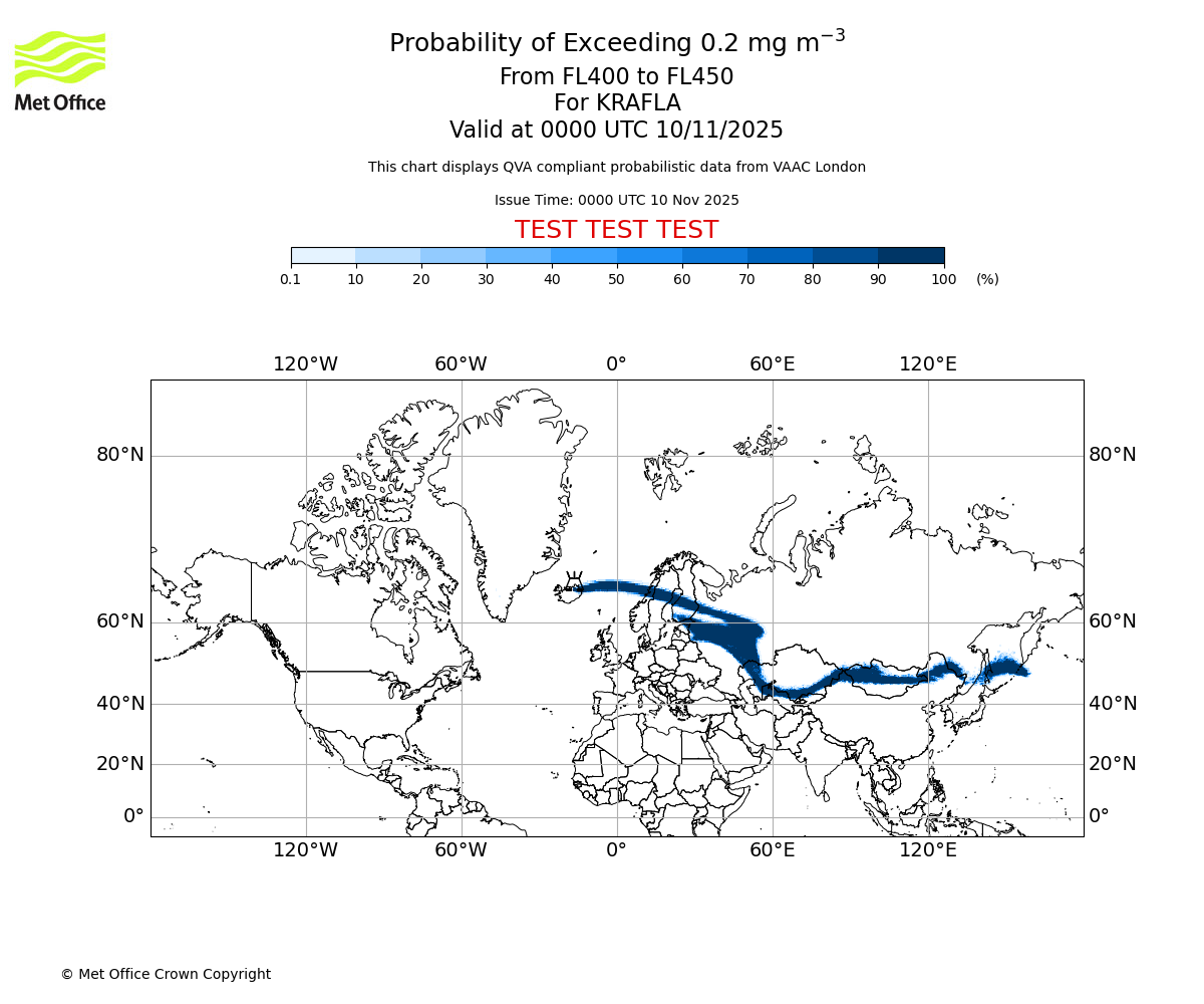 Probability of exceeding 0.2 milligrams per metre cubed. From 400 to 450 for KRAFLA. Valid at 0000 UTC 10/11/2025