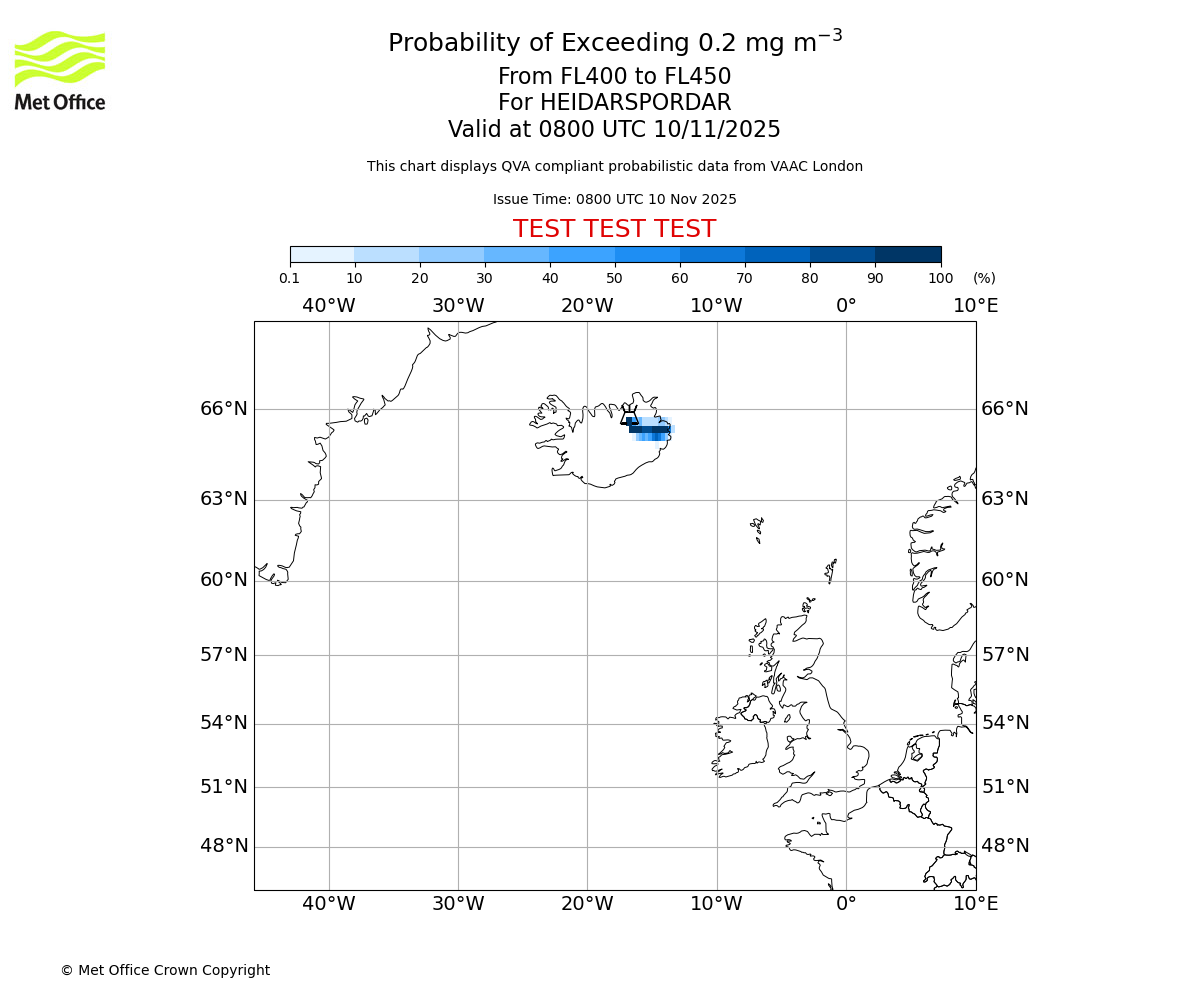Probability of exceeding 0.2 milligrams per metre cubed. From 400 to 450 for HEIDARSPORDAR. Valid at 0800 UTC 10/11/2025