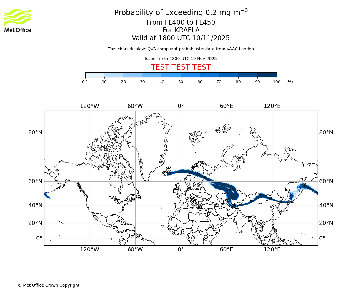 Probability of exceeding 0.2 milligrams per metre cubed. From 400 to 450 for KRAFLA. Valid at 1800 UTC 10/11/2025