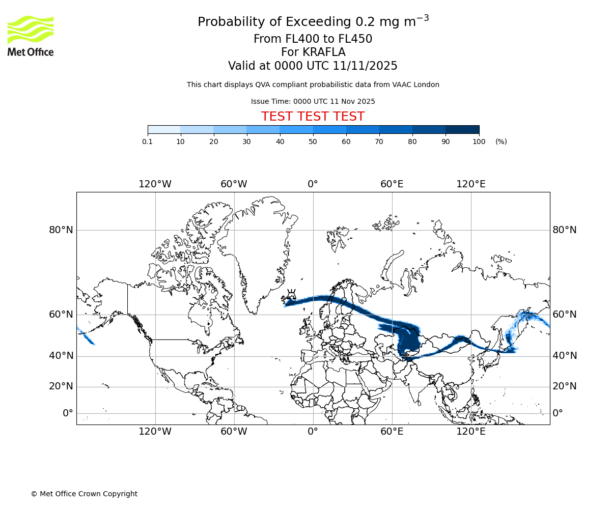 Probability of exceeding 0.2 milligrams per metre cubed. From 400 to 450 for KRAFLA. Valid at 0000 UTC 11/11/2025