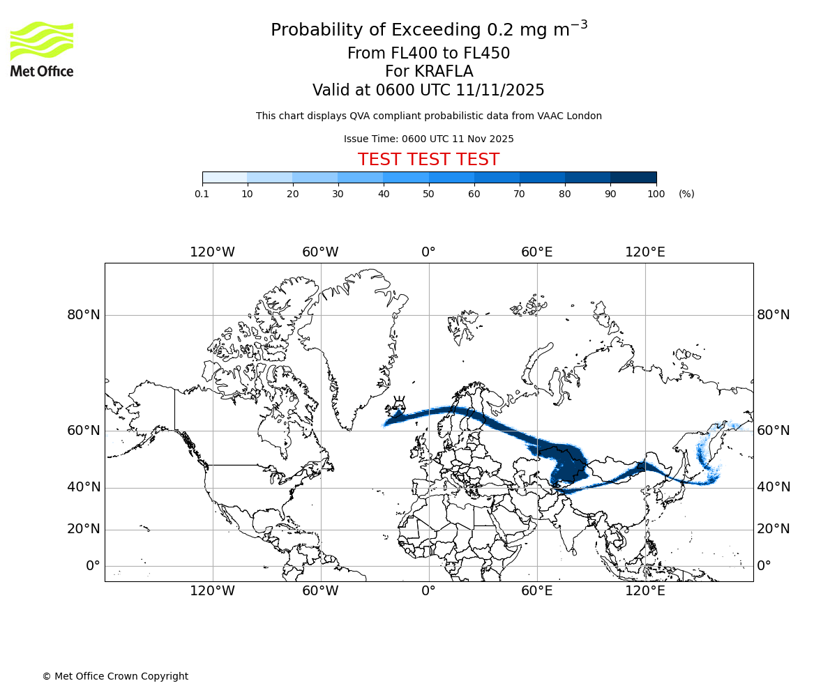 Probability of exceeding 0.2 milligrams per metre cubed. From 400 to 450 for KRAFLA. Valid at 0600 UTC 11/11/2025