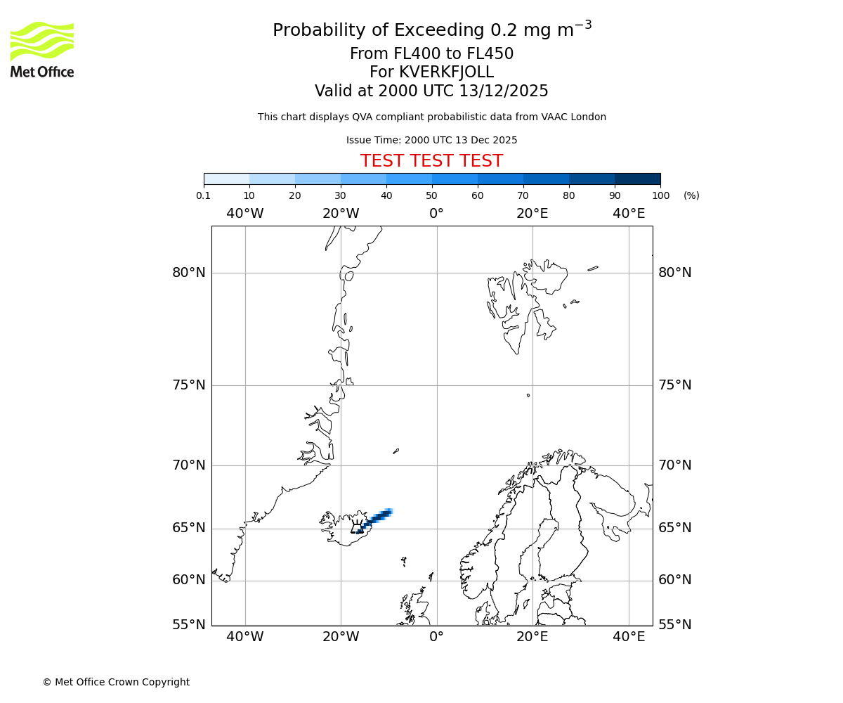 Probability of exceeding 0.2 milligrams per metre cubed. From 400 to 450 for KVERKFJOLL. Valid at 2000 UTC 13/12/2025