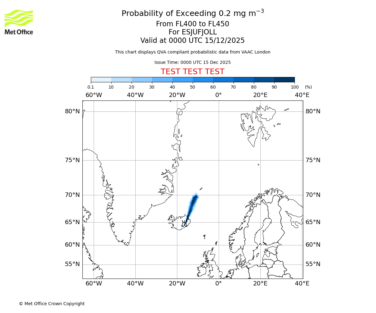 Probability of exceeding 0.2 milligrams per metre cubed. From 400 to 450 for ESJUFJOLL. Valid at 0000 UTC 15/12/2025