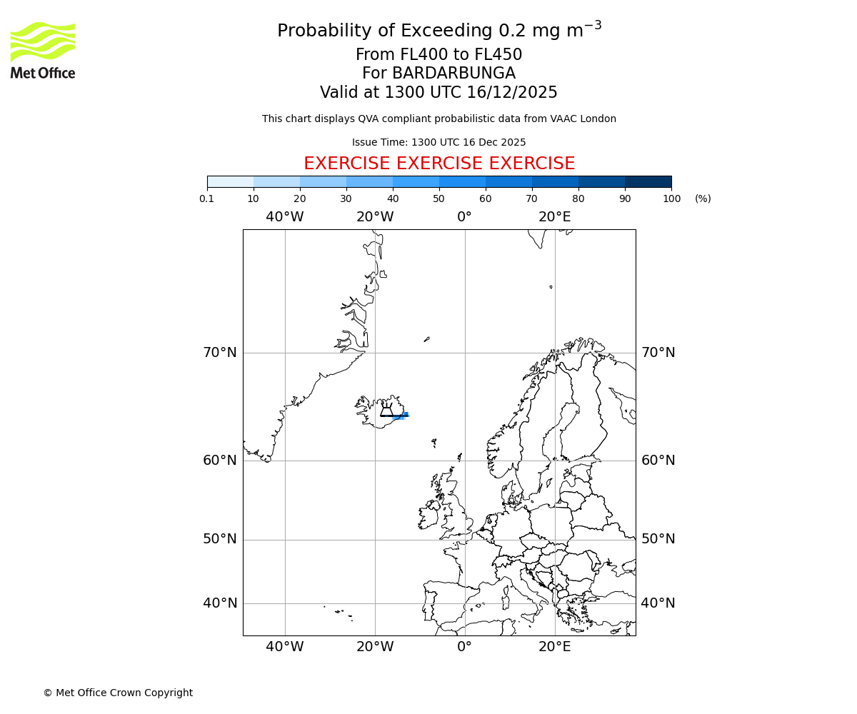 Probability of exceeding 0.2 milligrams per metre cubed. From 400 to 450 for BARDARBUNGA. Valid at 1300 UTC 16/12/2025